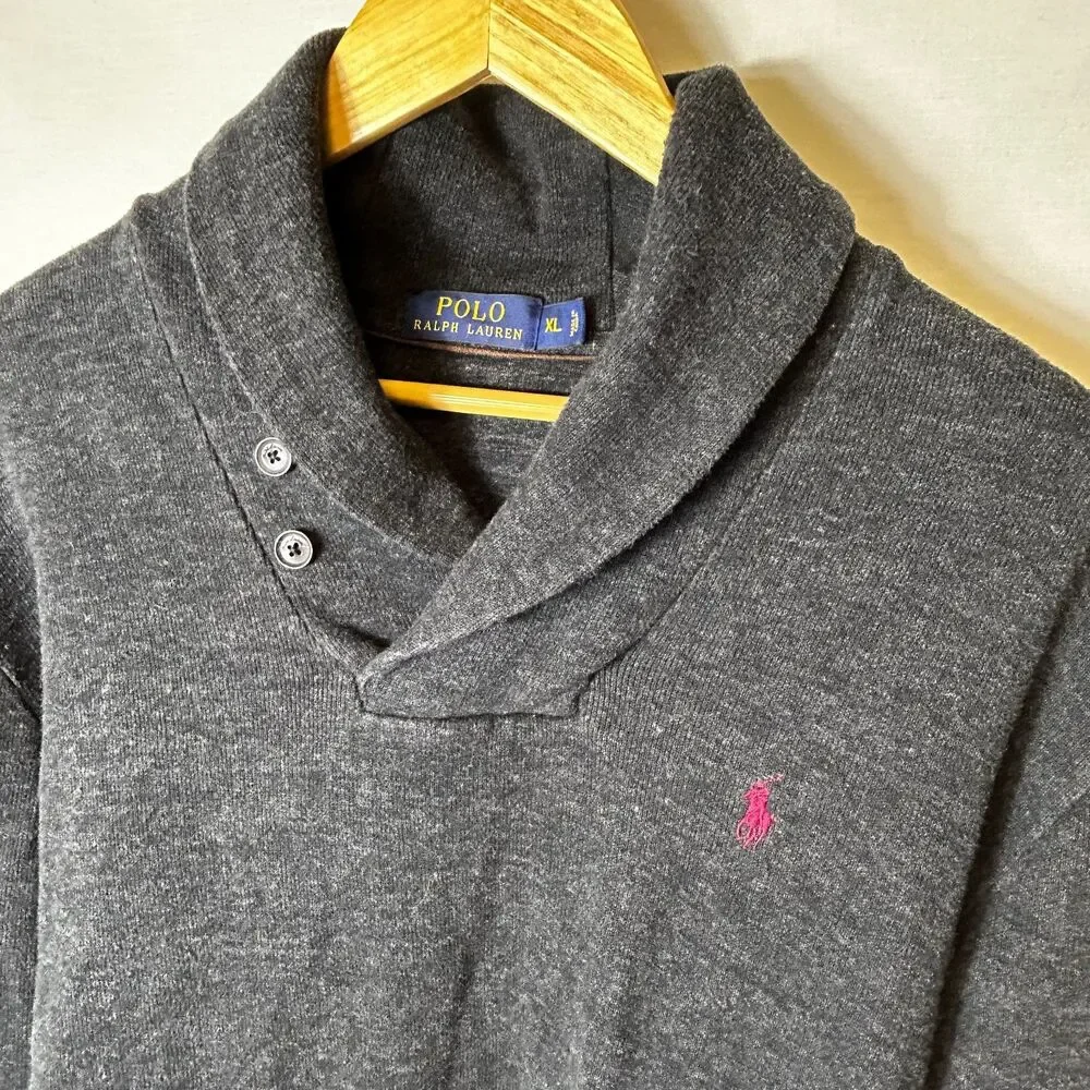 Polo Ralph Lauren Men's Charcoal Gray Shawl Collar Elbow Pads Sweater Size XL